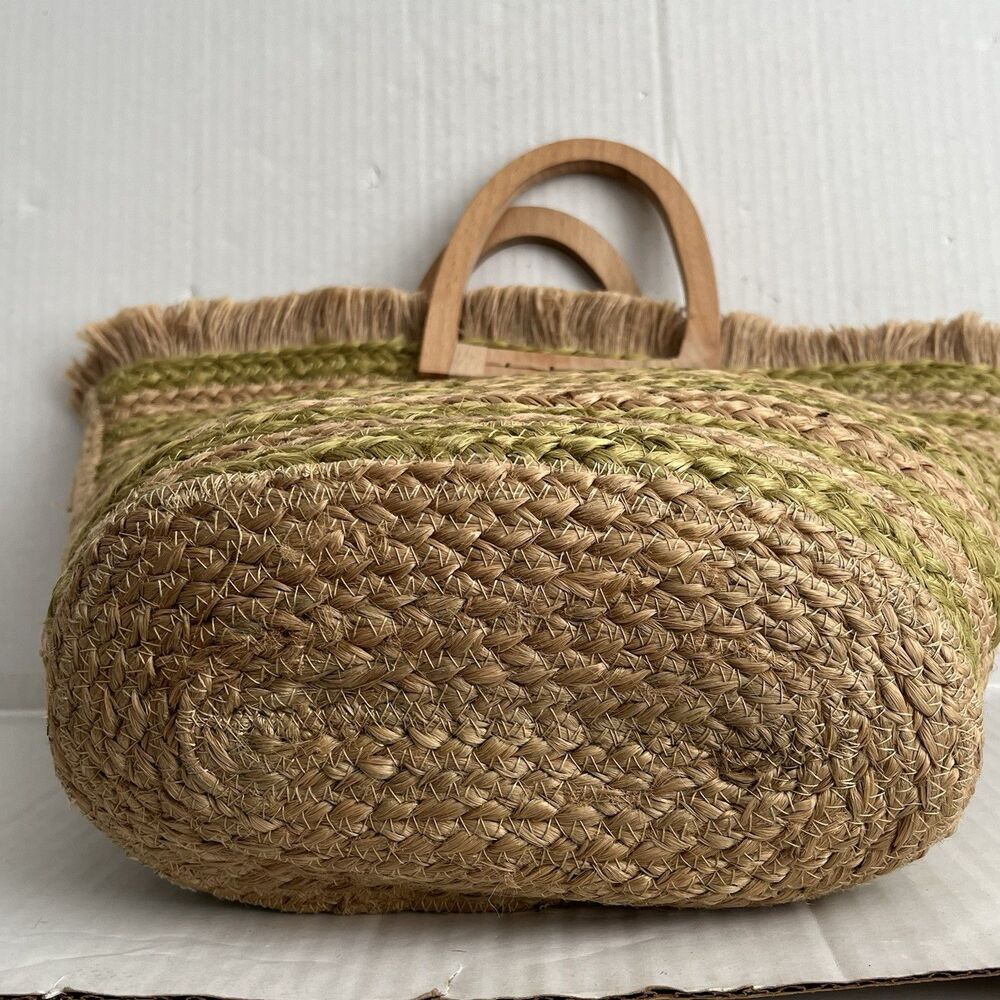 ANTIK KRAFT Woven Jute Tote Bag Wood Handles Beach Boho Market Basket Coastal - Picture 8 of 16